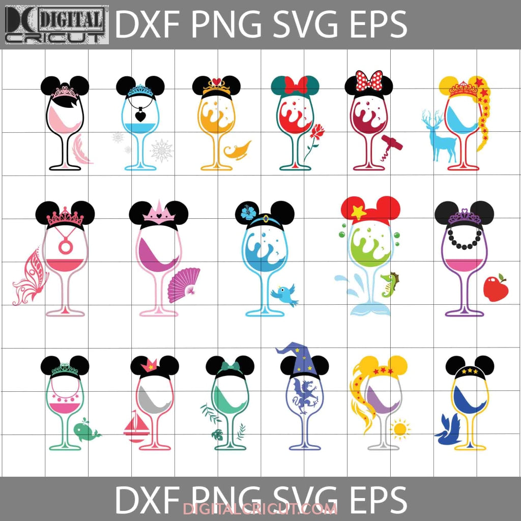 Disney Wine Glass Bundle SVG Digital File, Princess Wine Glass Svg