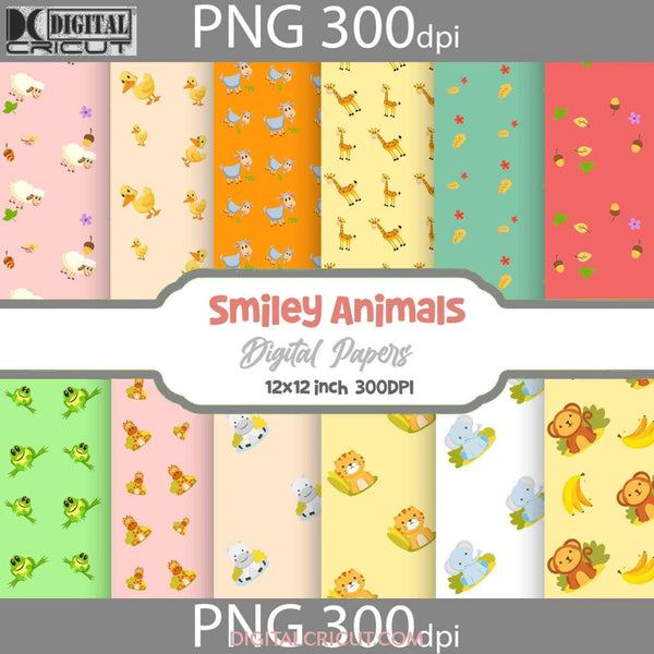 Smiley Animals Seamless Pattern Digital Papers Scrapbook Paper Background Wallpaper Monkey Elephant