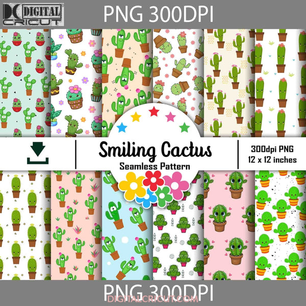 Smiling Cactus Seamless Pattern Digital Papers Scrapbook Paper Background Wallpaper 12*12Inches