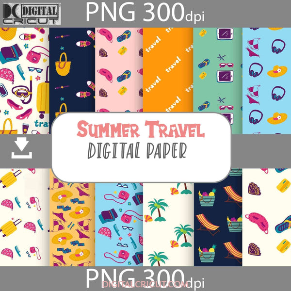 Summer Travel Seamless Pattern Digital Papers Scrapbook Paper Background Wallpaper 12*12Inches