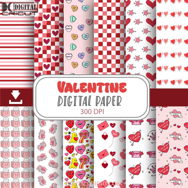 Valentine Retro Seamless Pattern Backgrounds Digital Papers Love Heart Scrapbook Paper Pink